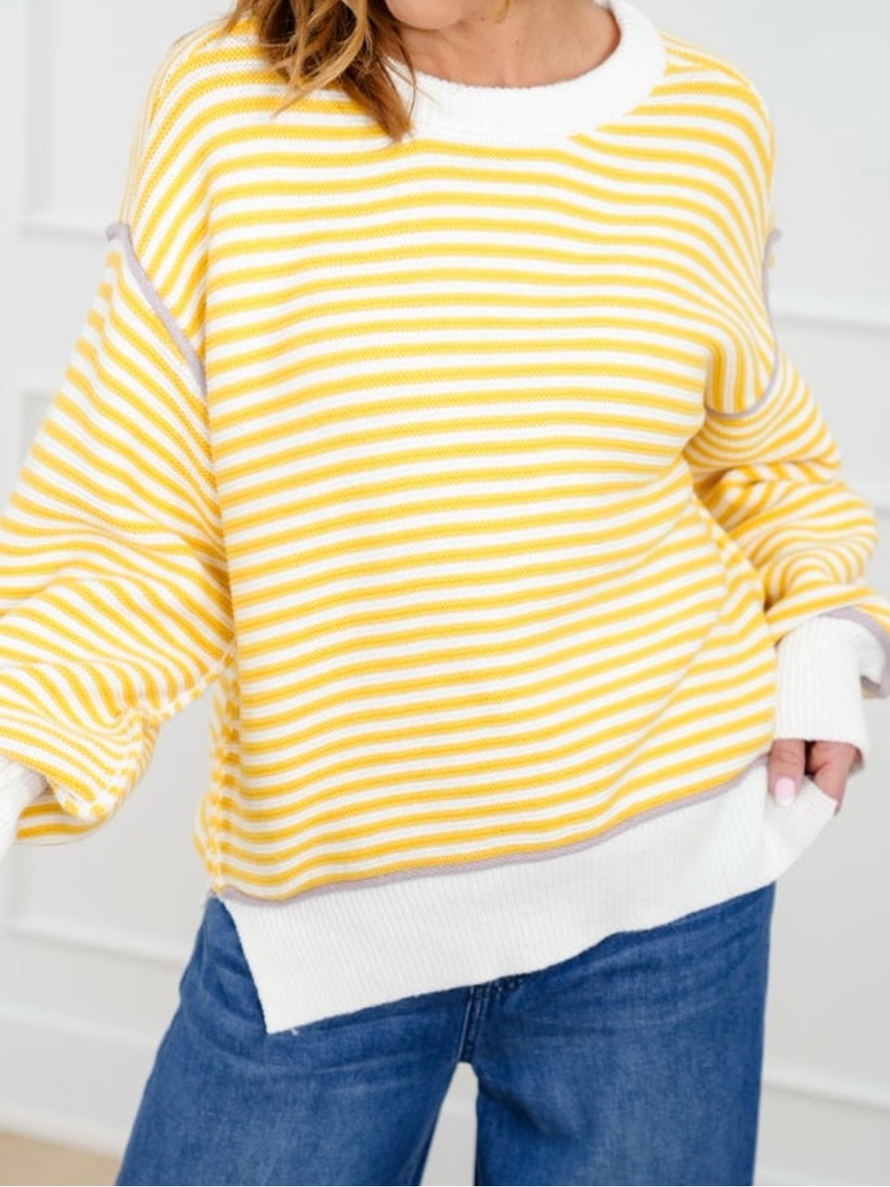 Cotierra Striped Yellow & White Crewneck Sweater